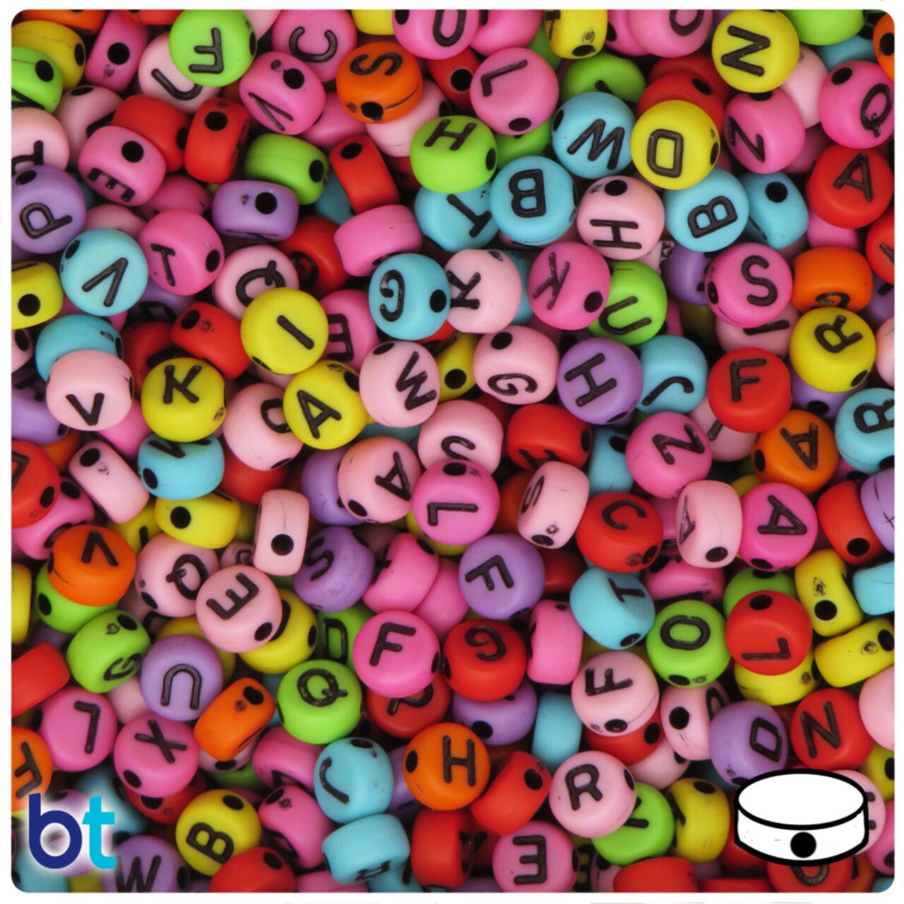 BeadTin Mixed Opaque 7mm Coin Plastic Alpha Beads - Black Letter Mix (250pcs)